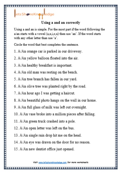 Grade 1 Grammar: A and An printable worksheets - Lets Share Knowledge