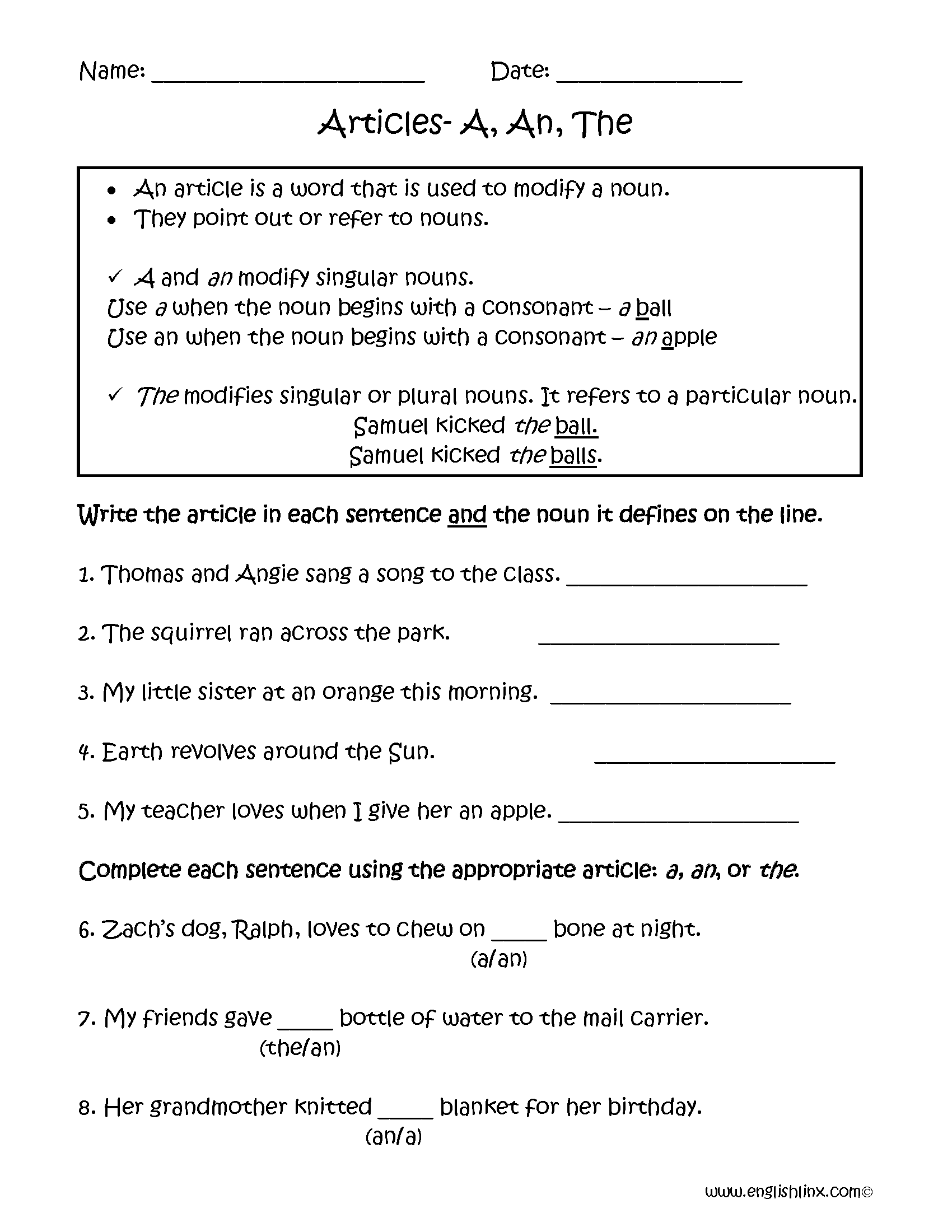 Articles Worksheets | A, An, The Articles Worksheets