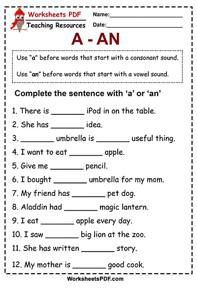 Articles - A and AN (Free Printables) - Worksheets PDF