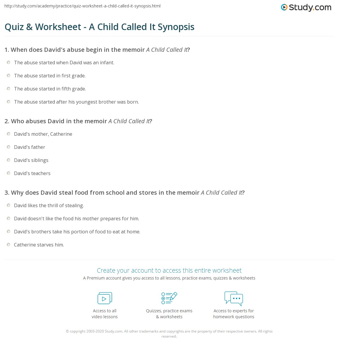 Quiz &  Worksheet - A Child Called It Synopsis | Study.com