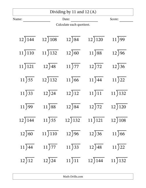 Division Facts by a Fixed Divisor (11 and 12) and Quotients from 1 ...