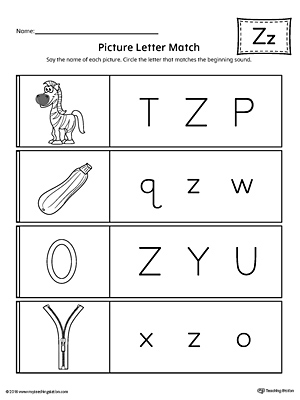 Picture Letter Match: Letter Z Worksheet | MyTeachingStation.com