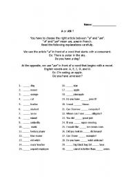 Indefinite Article Worksheet - A or an  