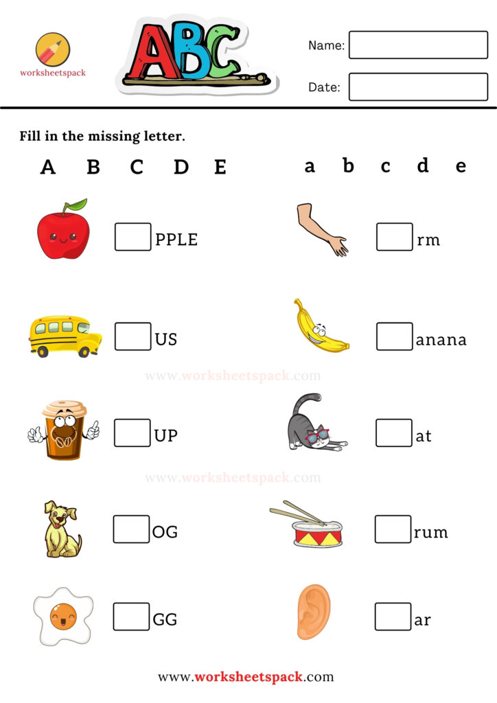 Fill in the missing letter A-Z worksheets pack - worksheetspack