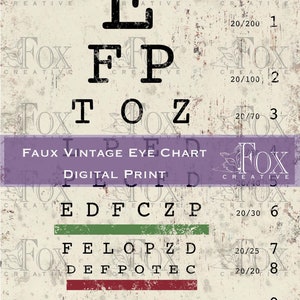 Faux Vintage Eye Chart Digital Print grungy and Plain, A3 and A4 ...