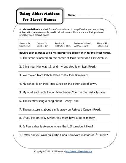 Abbreviations and Street Names | Free, Printable Punctuation ...