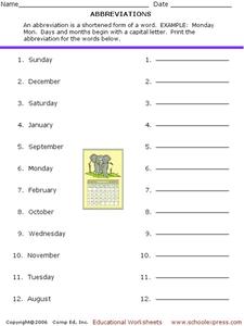 Abbreviations Worksheet for 1st - 2nd Grade | Lesson Planet