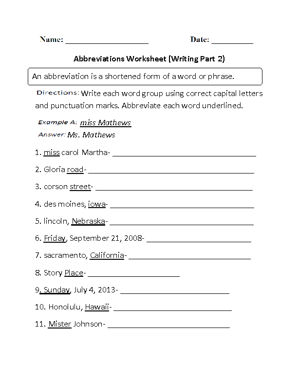 abbreviation worksheet 2nd grade