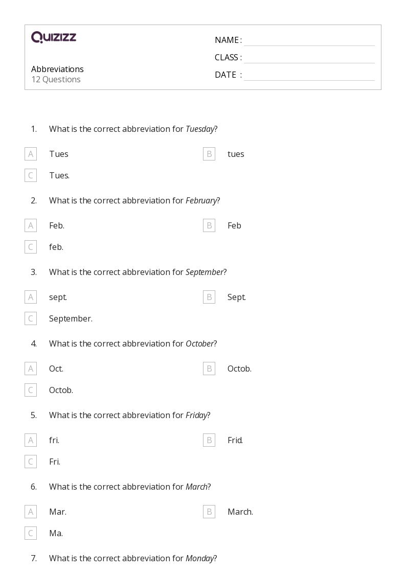 50+ Abbreviations worksheets for 2nd Grade on Quizizz | Free ...