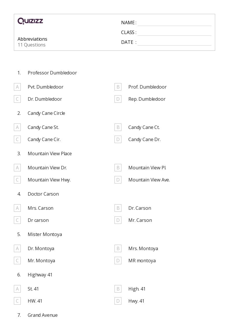 abbreviation worksheet for 2nd grade