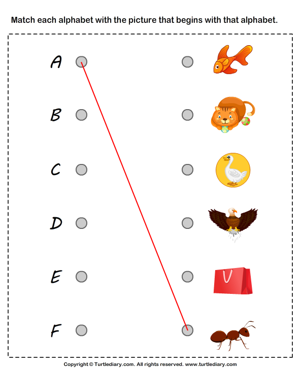 Matching Letters to Pictures A to F | Turtle Diary Worksheet