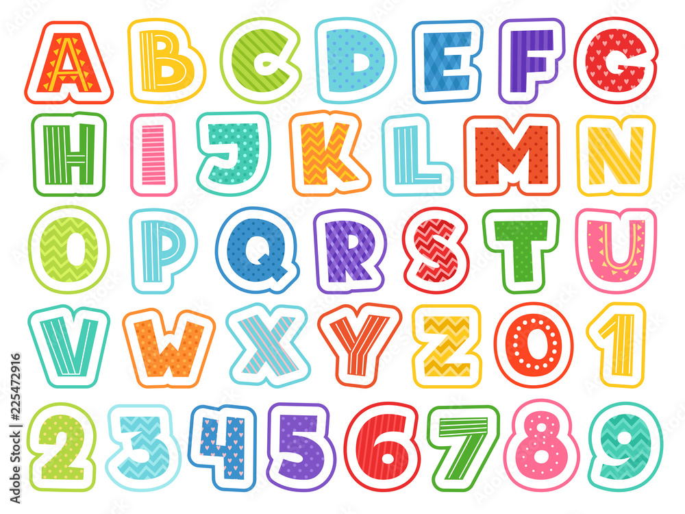 Cartoon alphabet. Cute colored letters numbers signs and symbols ...