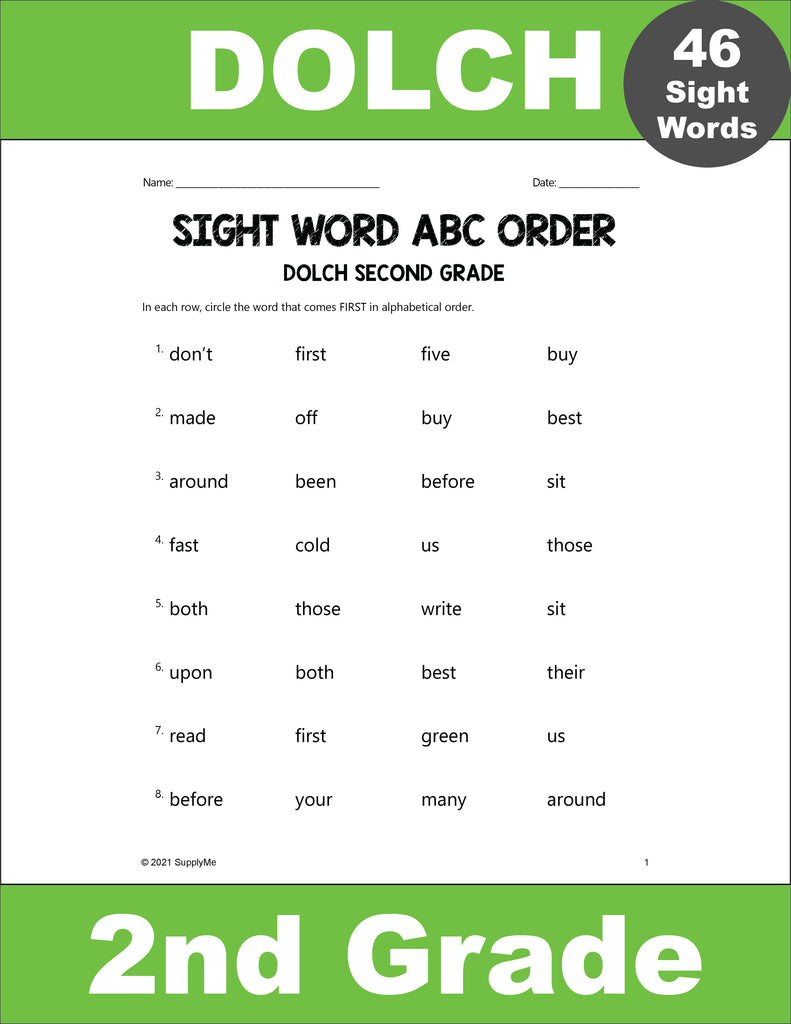Second Grade Sight Words Worksheets - ABC Order, All 46 Dolch 2nd ...