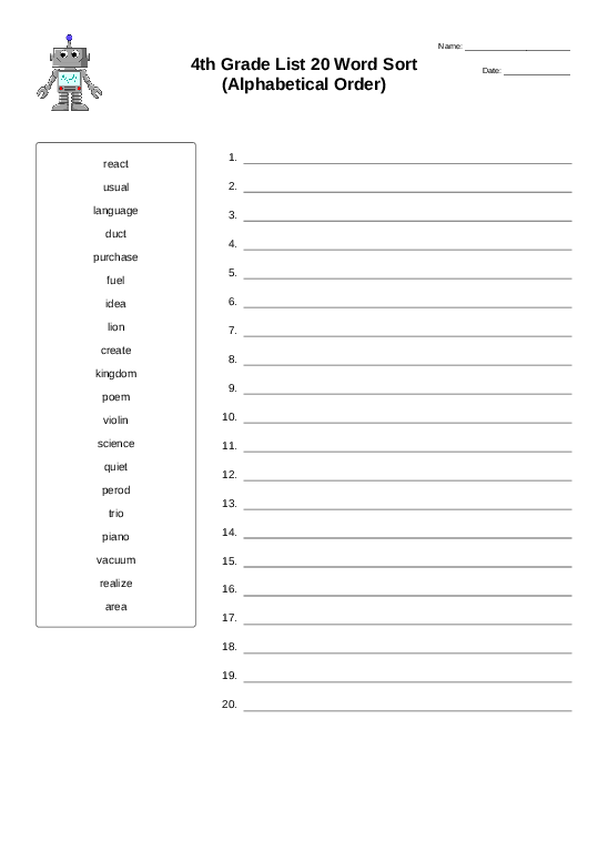 4th Grade List 20 Word Sort (Alphabetical Order) - Sort into Order ...