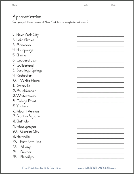 New York Towns in ABC Order Worksheet | Student Handouts