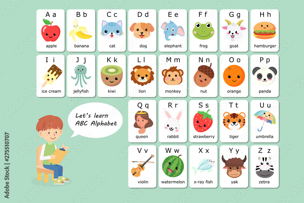 Kawaii English vocabulary and alphabet flash card vector for kids ...