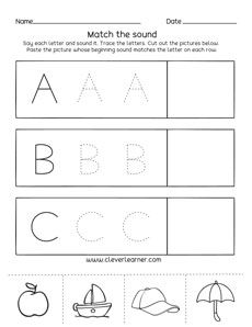 Letter a, b, c sounds matching phonics worksheets for preschool ...