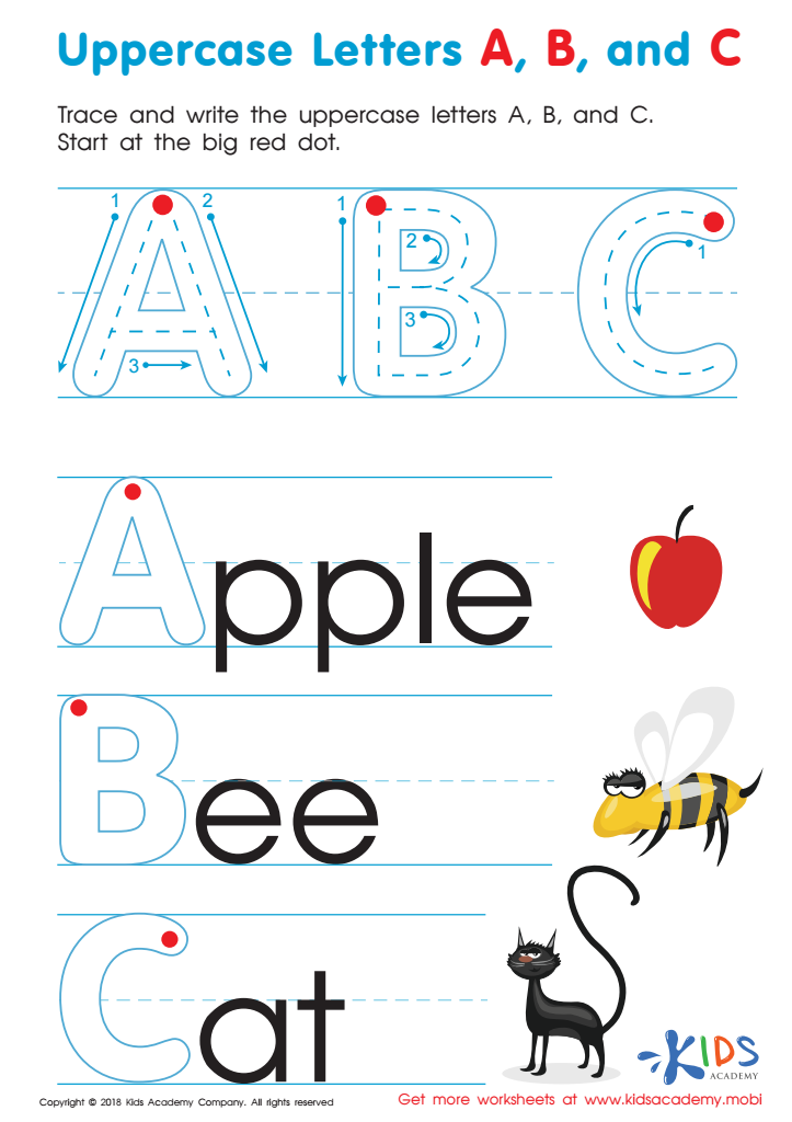 Uppercase Letters A, B, and C Worksheet: Tracing Sheet for Kids