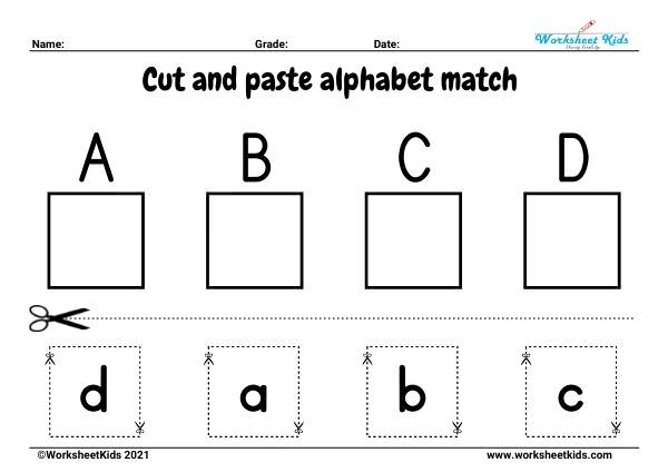 Cut and paste matching alphabet worksheets : letters and pictures