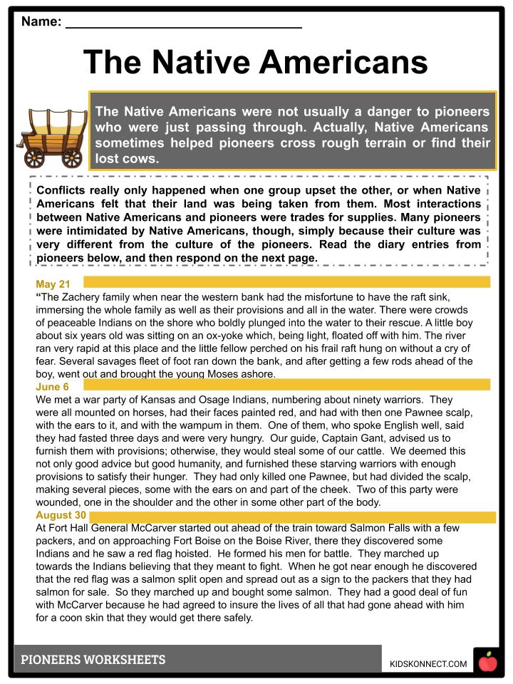 Pioneer Facts, Information &  Worksheets | PDF Classroom Worksheet
