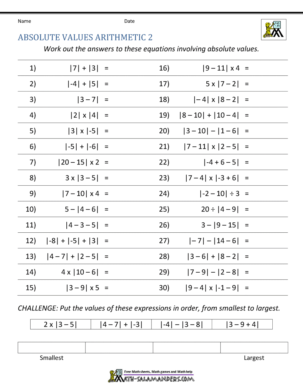 Absolute Value Worksheets