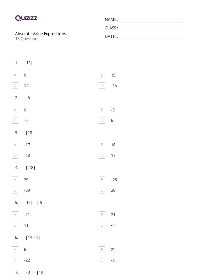 50+ Absolute Value worksheets for 7th Grade on Quizizz | Free ...