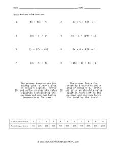 Absolute Value Equations Worksheet for 8th - 9th Grade | Lesson Planet