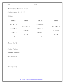 Absolute Value Equations Worksheets