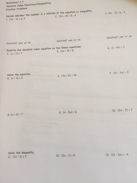 Solved Worksheet 1.7 Absolute Value Equations/Inequalities | Chegg.com