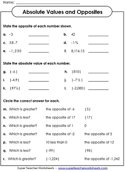 absolute value number line worksheet