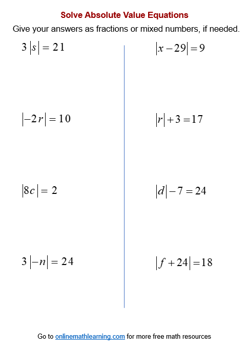 Absolute Value Equation Worksheets (printable, online, answers ...