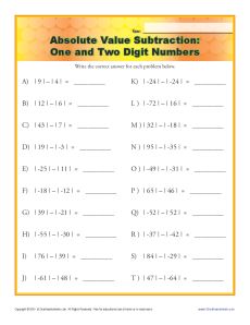Absolute Value Subtraction Worksheet - One and Two Digit Numbers