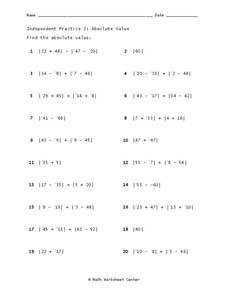 Absolute Value Worksheet for 6th - 7th Grade | Lesson Planet
