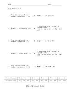 Absolute Value Worksheet for 8th - 9th Grade | Lesson Planet