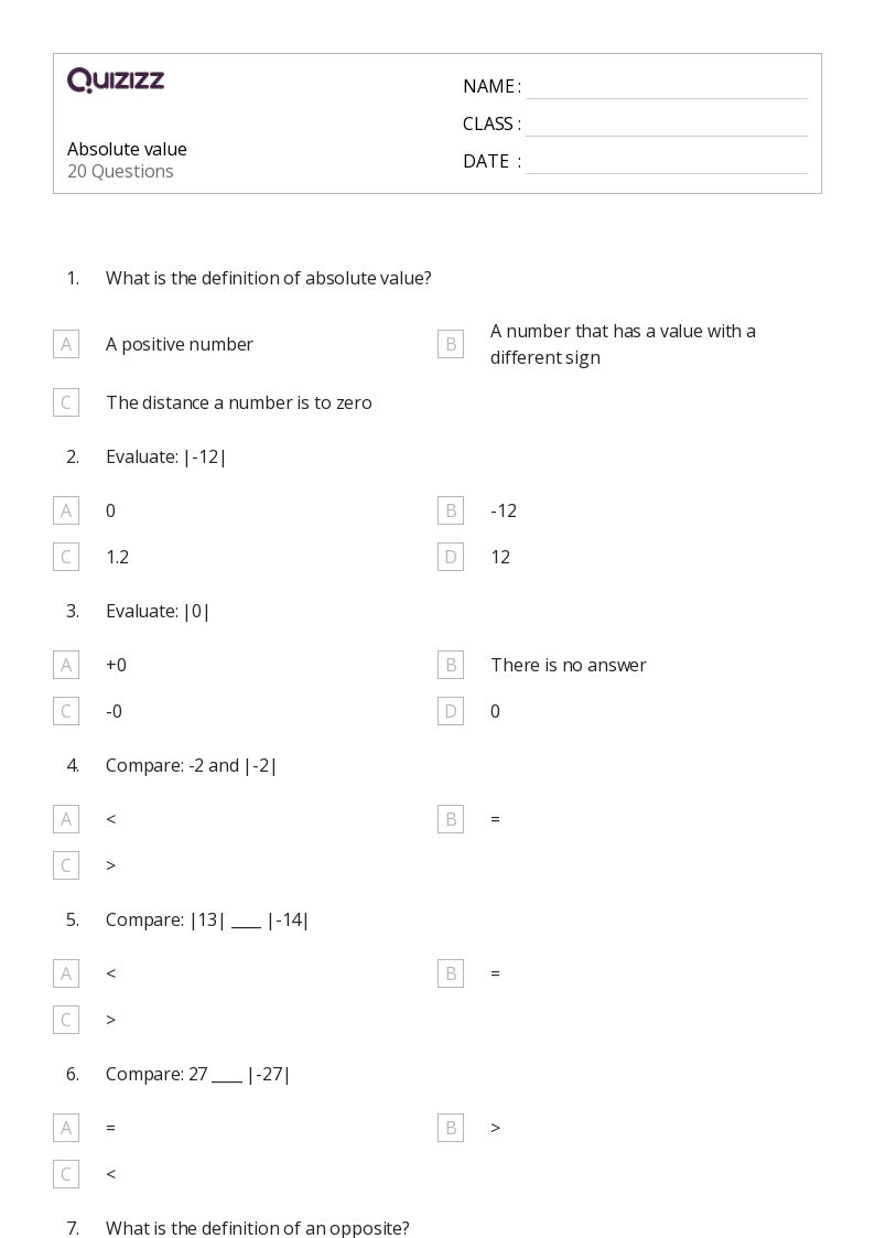 50+ Absolute Value worksheets for 7th Year on Quizizz | Free ...