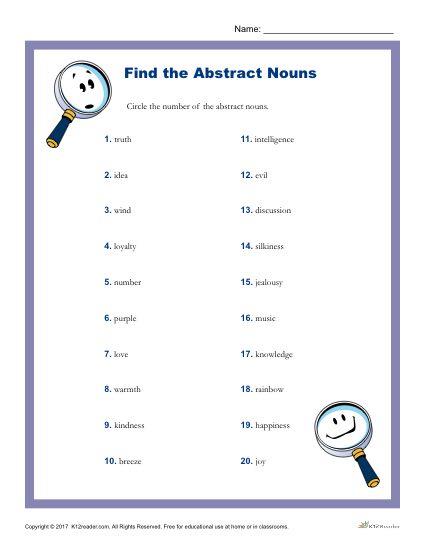 abstract noun worksheet 3rd grade