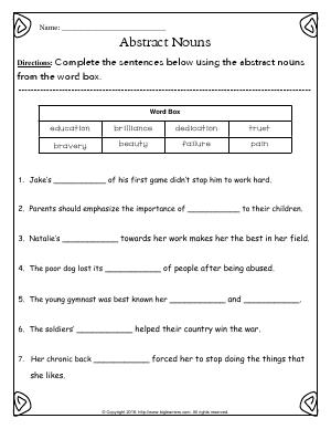 abstract noun worksheet 3rd grade