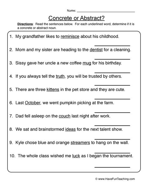 Abstract Concrete Nouns Worksheet