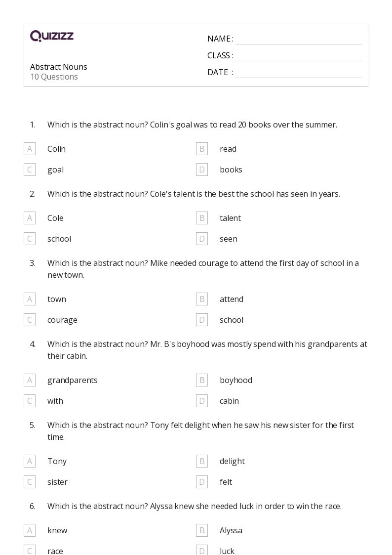 50+ Abstract Nouns worksheets for 3rd Class on Quizizz | Free ...