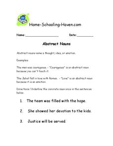 abstract nouns worksheet 3rd grade