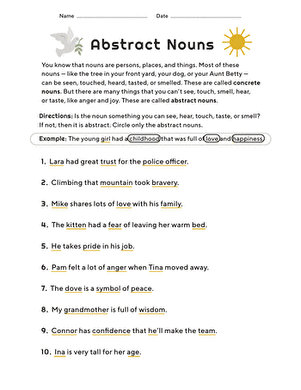 abstract nouns worksheet 3rd grade