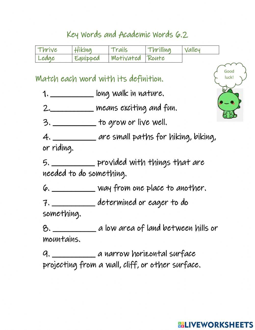 Key words and Academic words 6.2 worksheet  