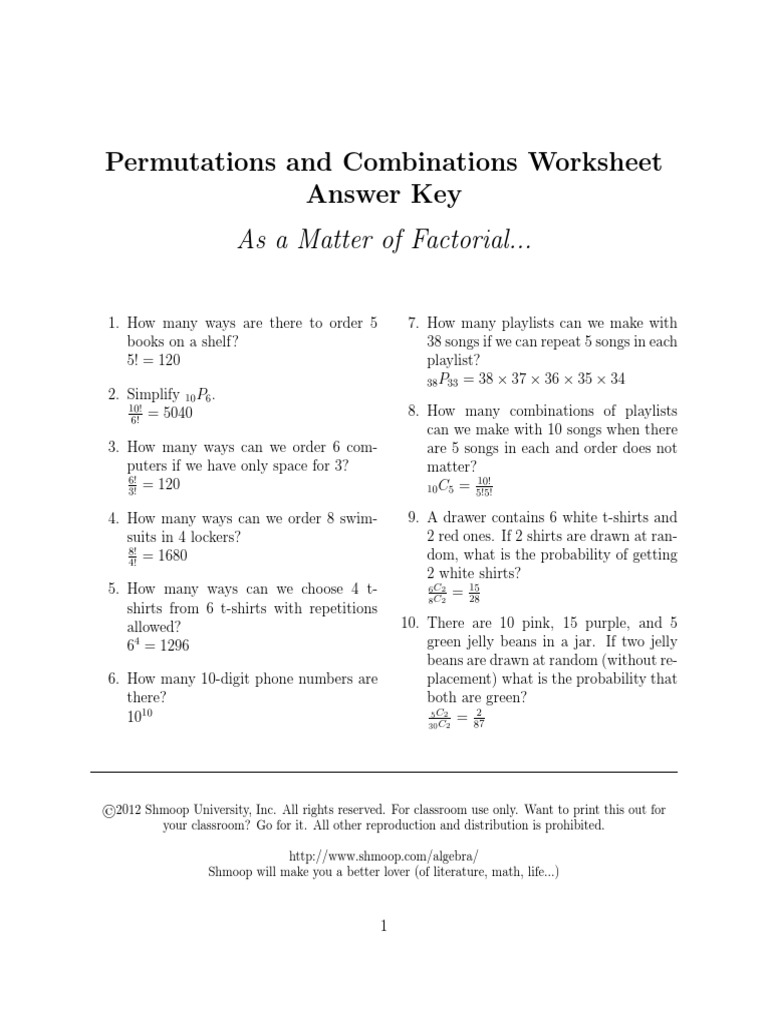 Free acc math i permutations and combinations worksheet answers