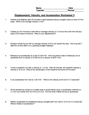 Displacement Velocity And Acceleration Worksheet - Fill and Sign ...