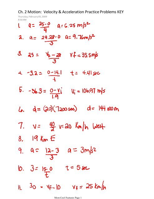 Ch. 2 Motion: Velocity &   Acceleration Practice Problems KEY