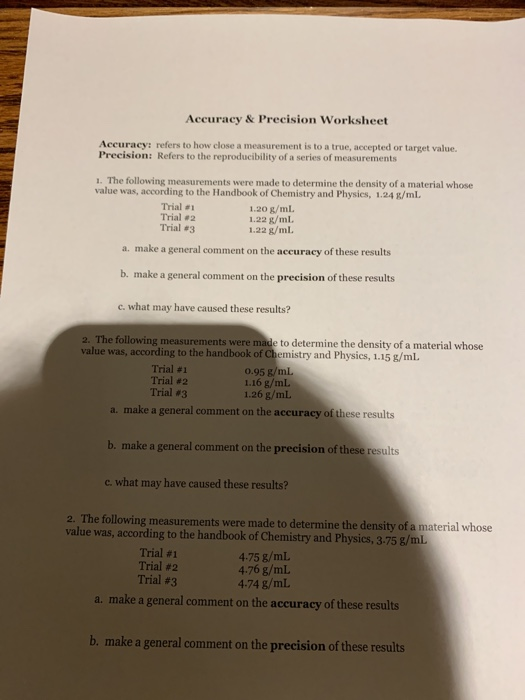 accuracy vs  precision worksheet