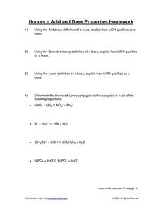 Honors-Acid and Base Properties Homework Worksheet for 9th - 12th ...