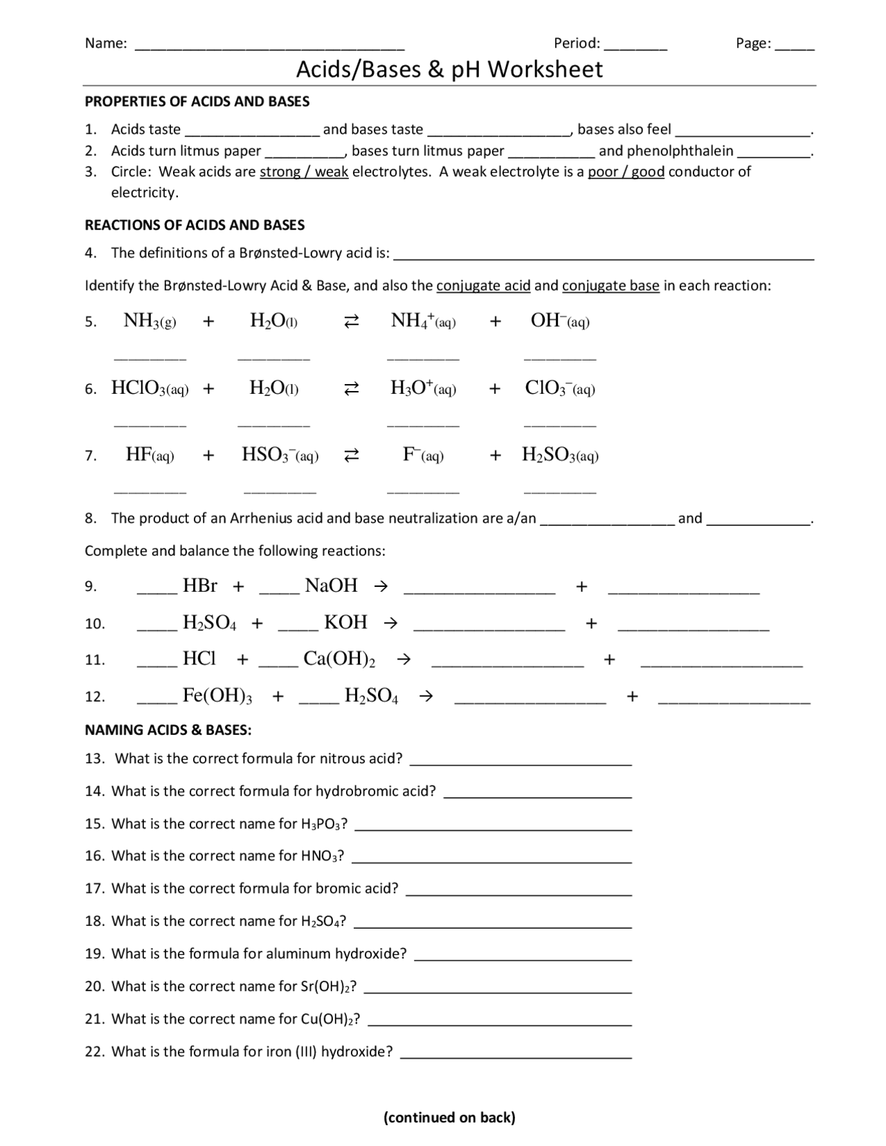 Acids Bases and pH Worksheet Practice Problems | Exercises ...