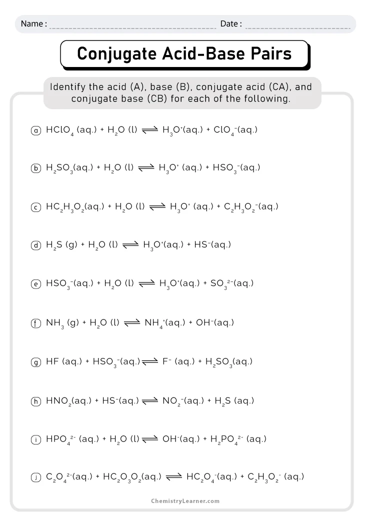 Free Printable Conjugate Acid Base Pairs Worksheets