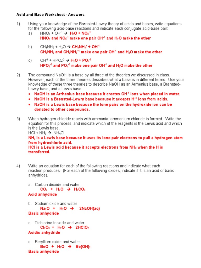 Acid and Base Worksheet 1-07-08 Ans Key | PDF | Acid | Chemical ...